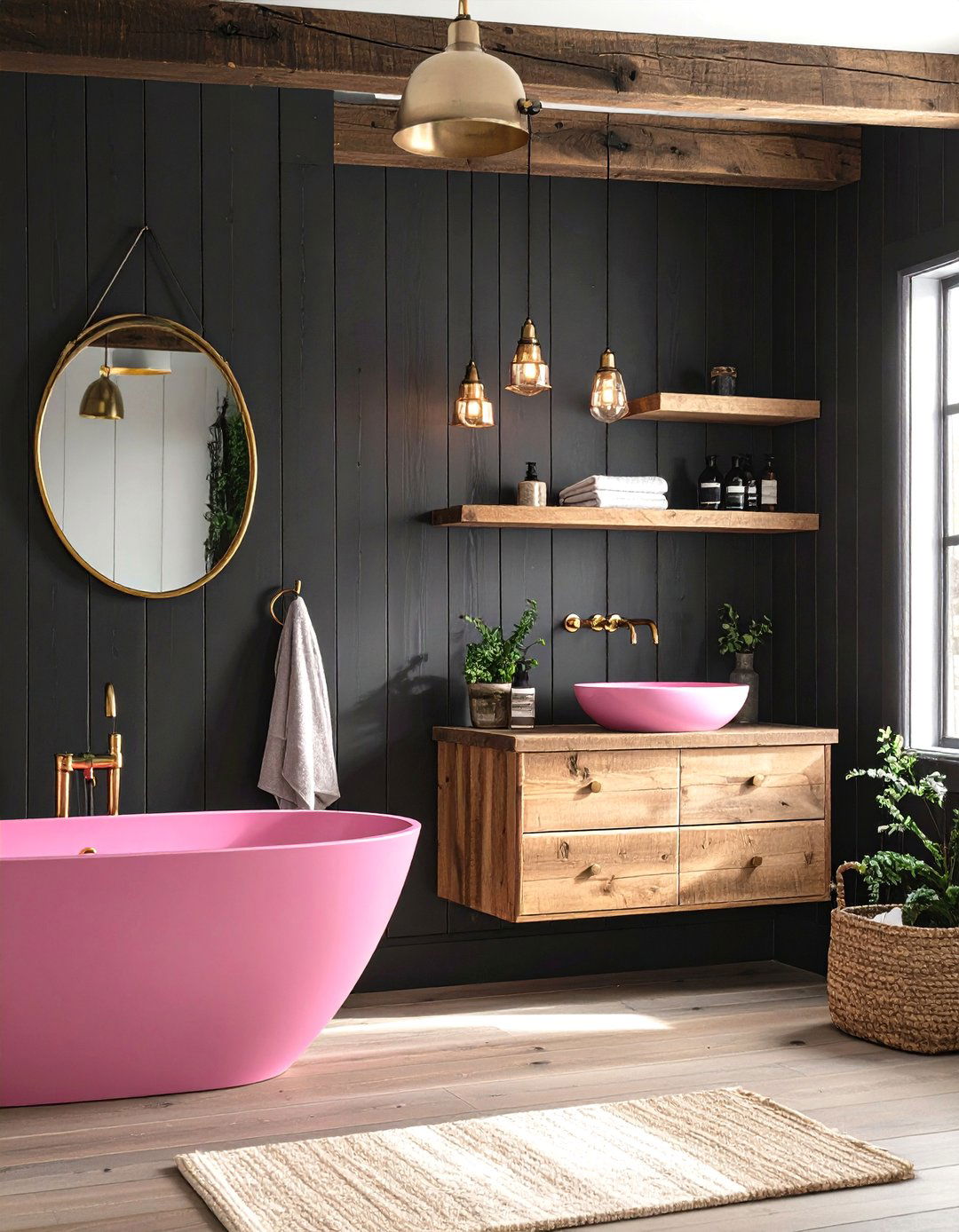 Black Shiplap with Pink Vessel Sink - 24 Pink and Black Bathroom Ideas