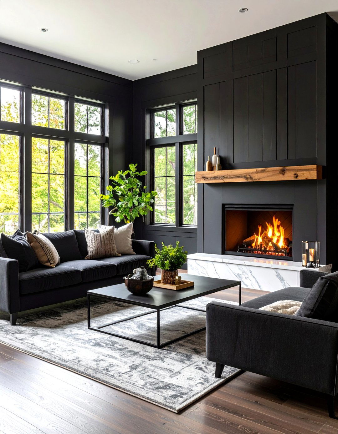 Black Shiplap with White Marble Hearth - 24 Black and White Fireplace Ideas