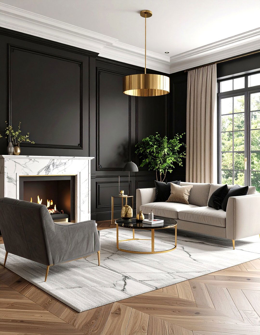 Black Shiplap with White Marble Surround - 24 Black Shiplap Fireplace Ideas