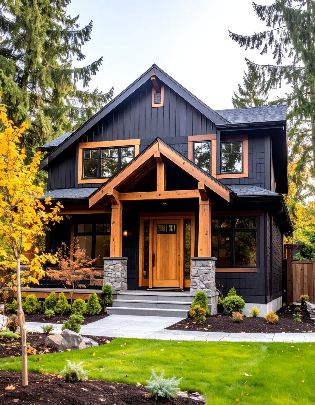 Black Siding with Natural Wood Accents - 24 black siding house ideas