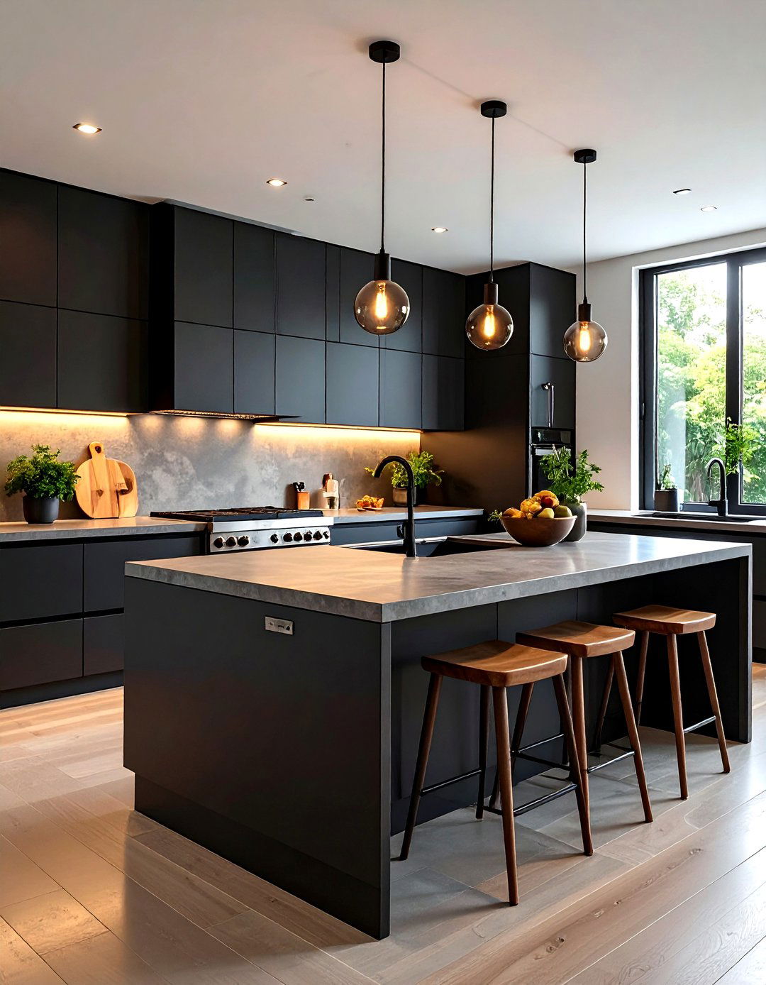 Black Slab Cabinets with Concrete Countertops - 24 Dark Kitchen Ideas