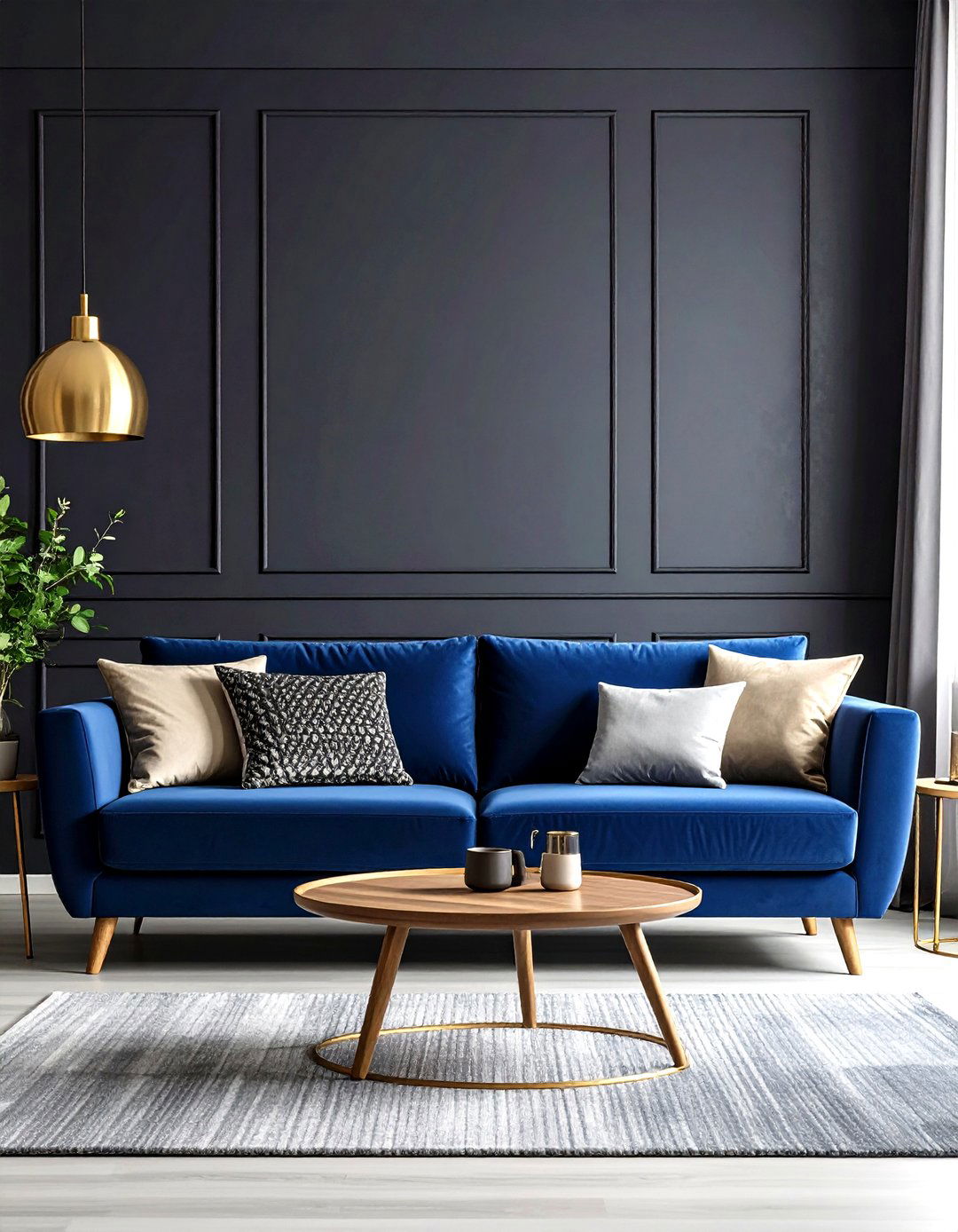 Black Statement Wall Behind Blue Velvet Sofa - 24 Black and Blue Living Room Ideas