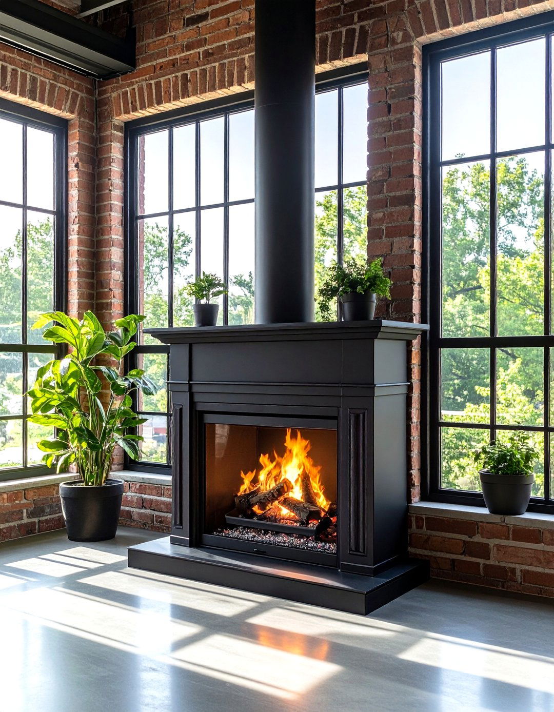Black Steel Fireplace with Industrial Windows - 24 Fireplace Between Windows Ideas