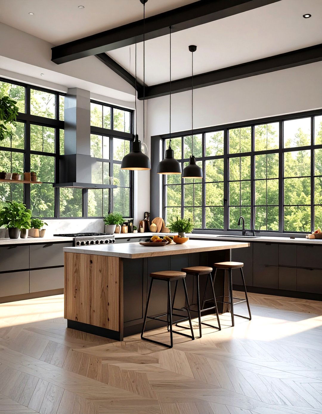 Black Steel Frame Windows - 24 Industrial Kitchen Ideas