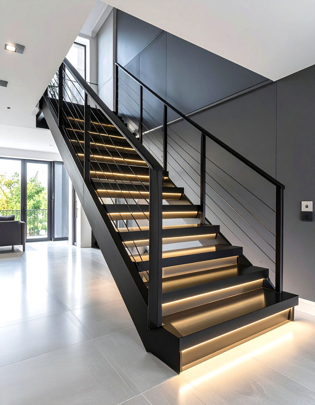 Black Steel Mono Stringer with LED Integration - 24 Open Staircase Ideas