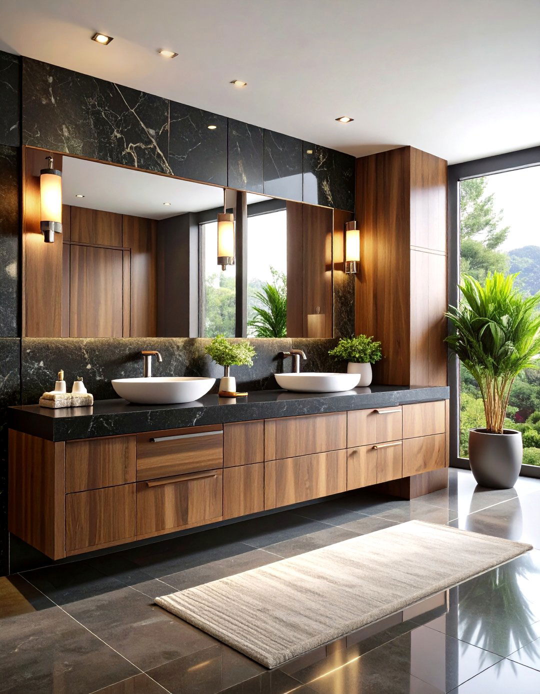 Black Stone Countertops with Brown Cabinetry - 24 brown and black bathroom ideas