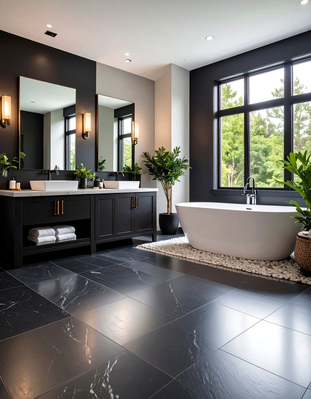Black Stone Look Vinyl Bathroom Flooring - 24 Black Floor Bathroom Ideas