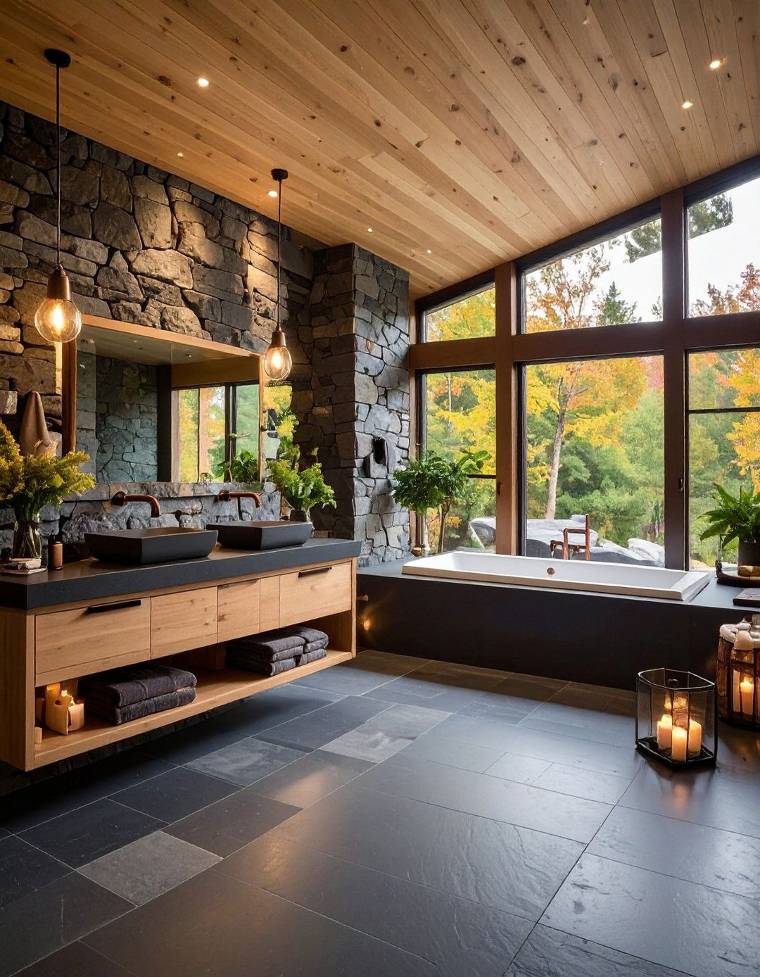 Black Stone Natural Bathroom Sanctuary - 24 Black Bathroom Ideas