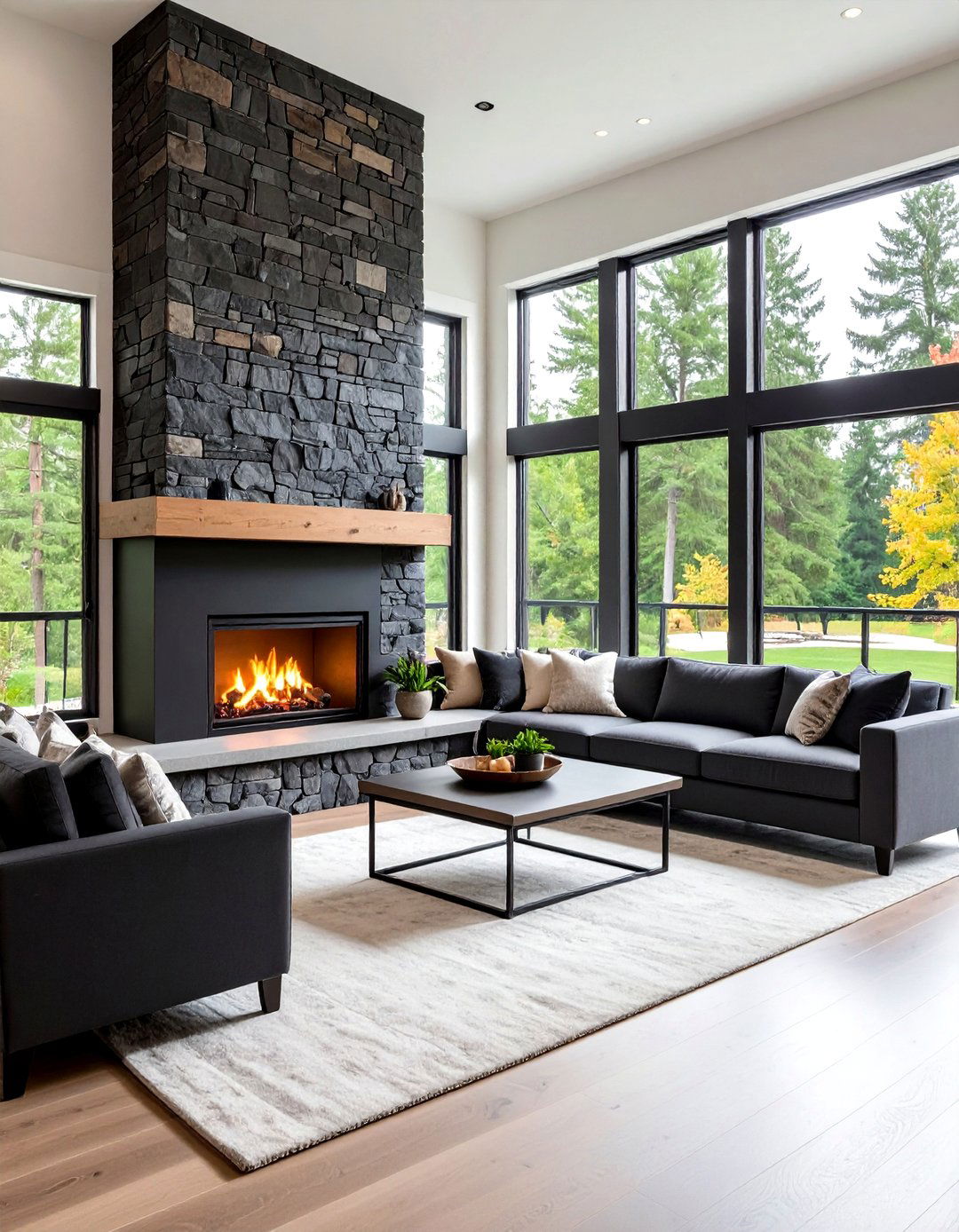 Black Stone Veneer Corner Fireplace - 24 Black Fireplace Ideas