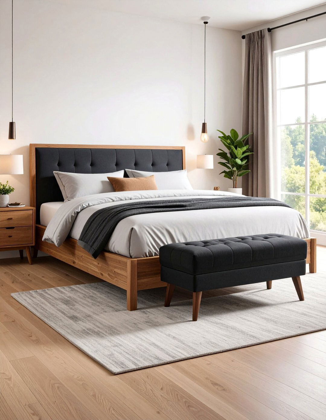 Black Storage Ottoman Bench with Brown Wood Bed Frame - 24 Black and Brown Bedroom Ideas
