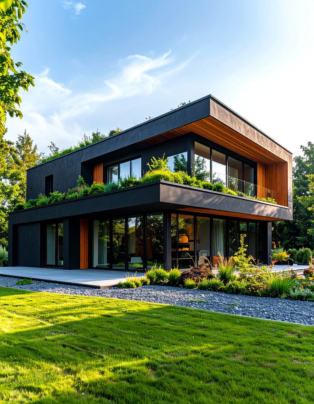 Black Stucco with Green Roof Elements - 24 Black Stucco House Ideas