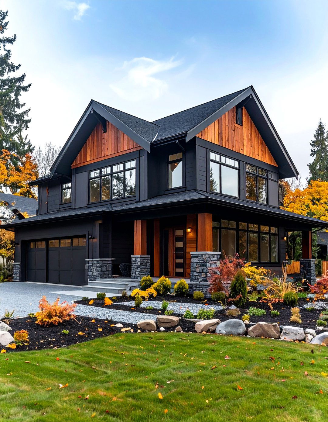 Black Stucco with Natural Wood Integration - 24 Black Stucco House Ideas