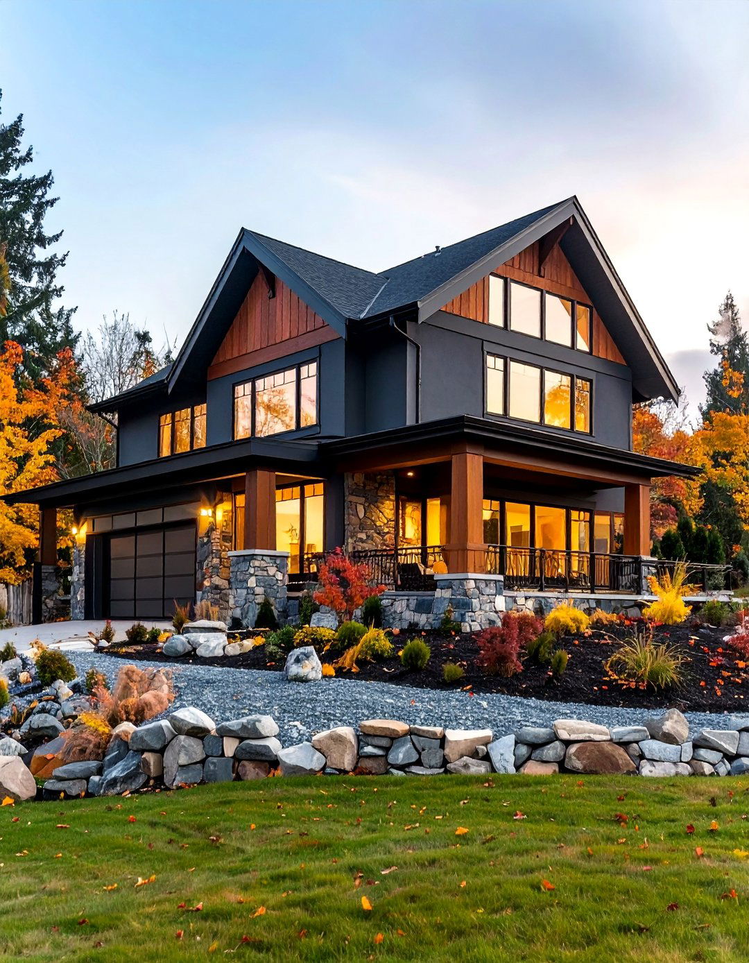 Black Stucco with Stone Foundation - 24 Black Stucco House Ideas