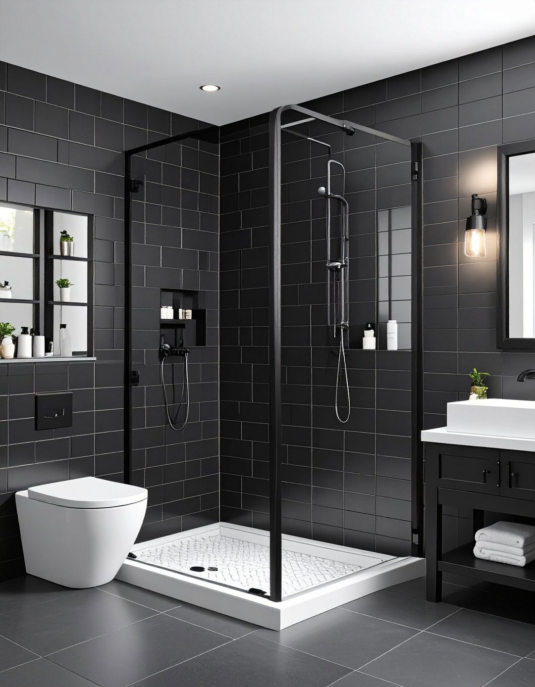 Black Subway Tile Shower Design - 24 Black Bathroom Ideas