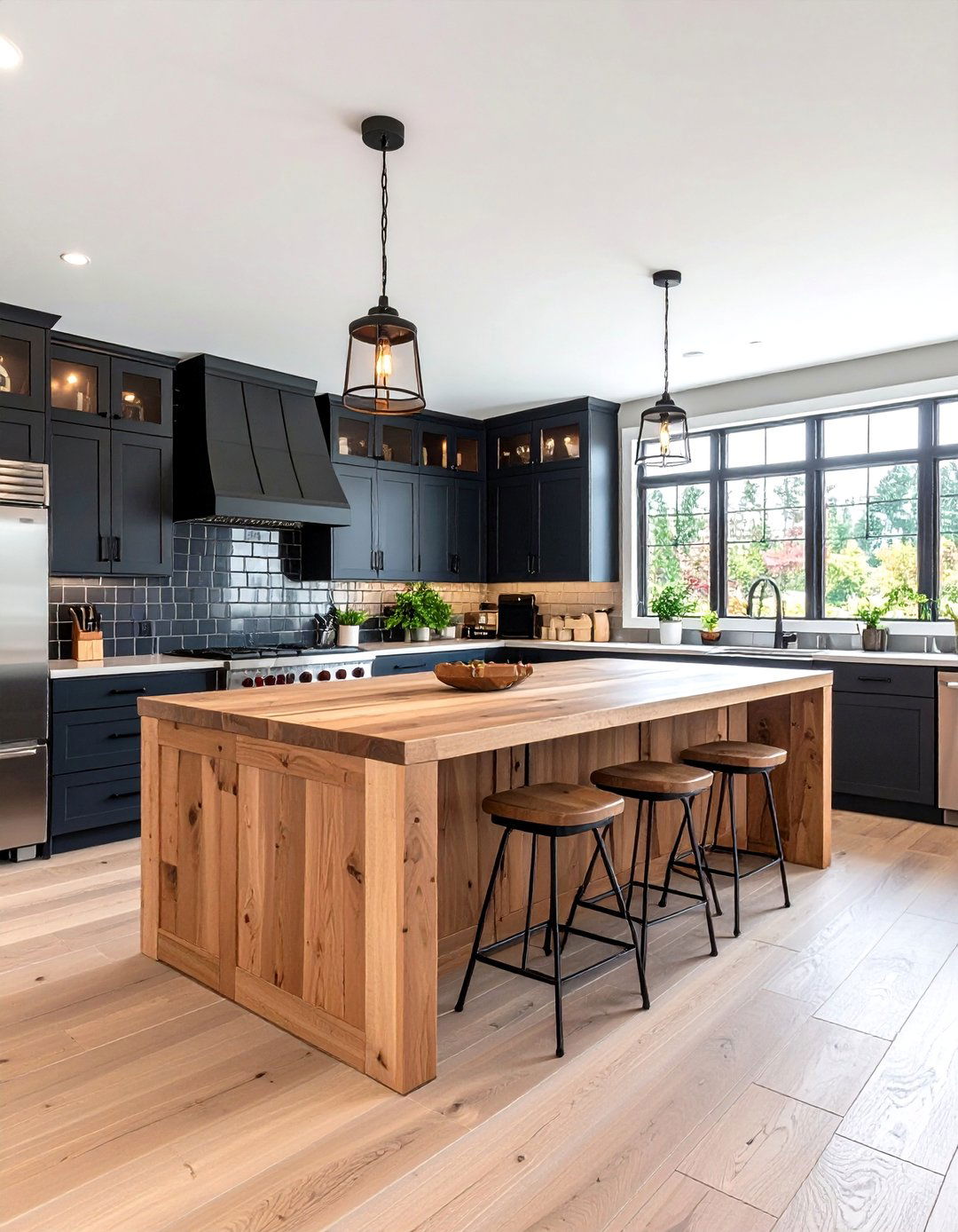Black Subway Tile with Brown Wood Island Top - 24 Black and Brown Kitchen Ideas