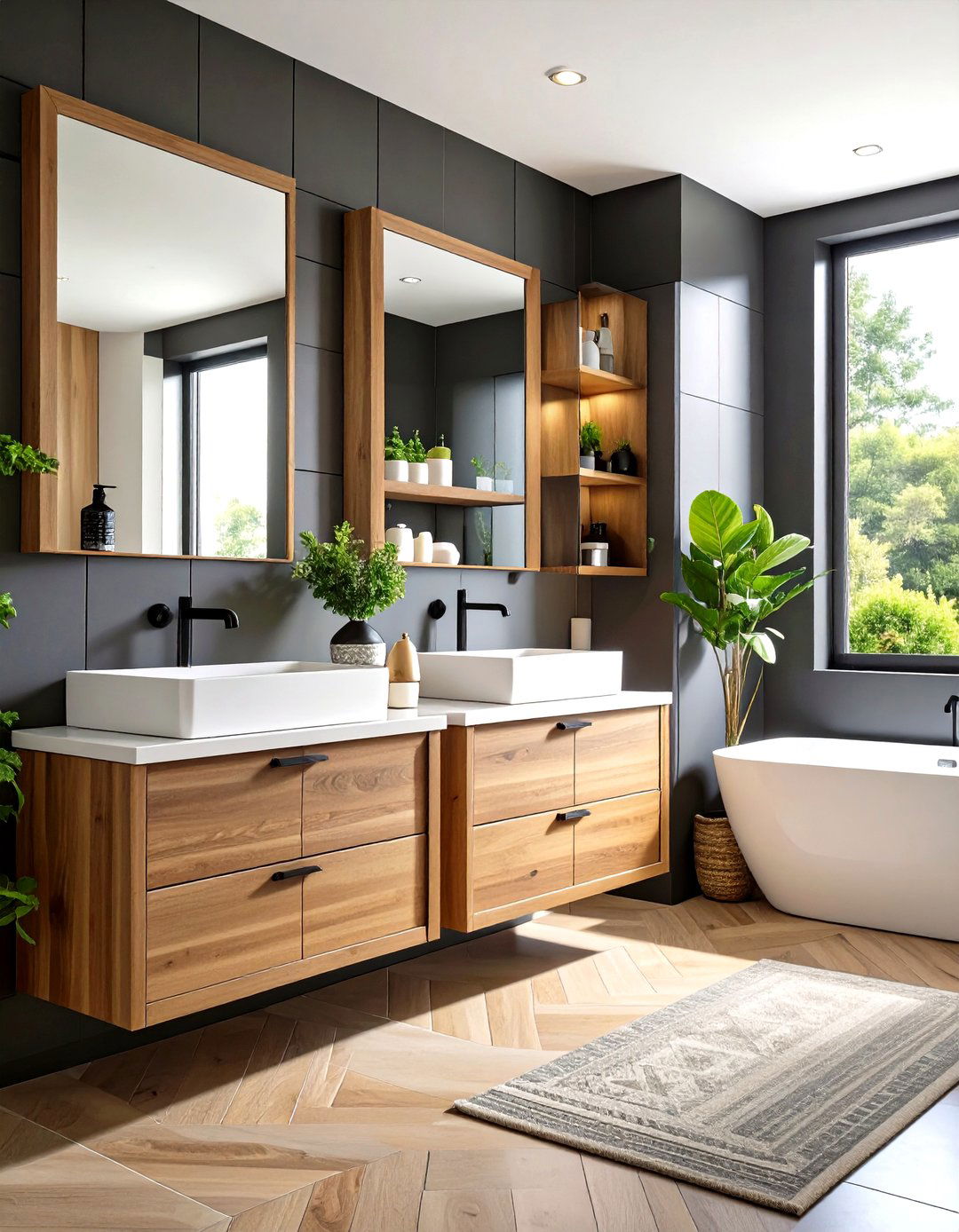 Black Subway Tile with Oak Floating Shelves - 24 Black and Wood Bathroom Ideas