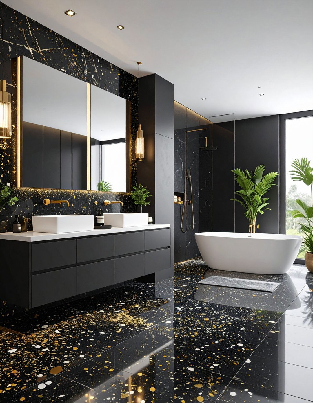 Black Terrazzo Modern Bathroom Design - 24 Black Bathroom Ideas