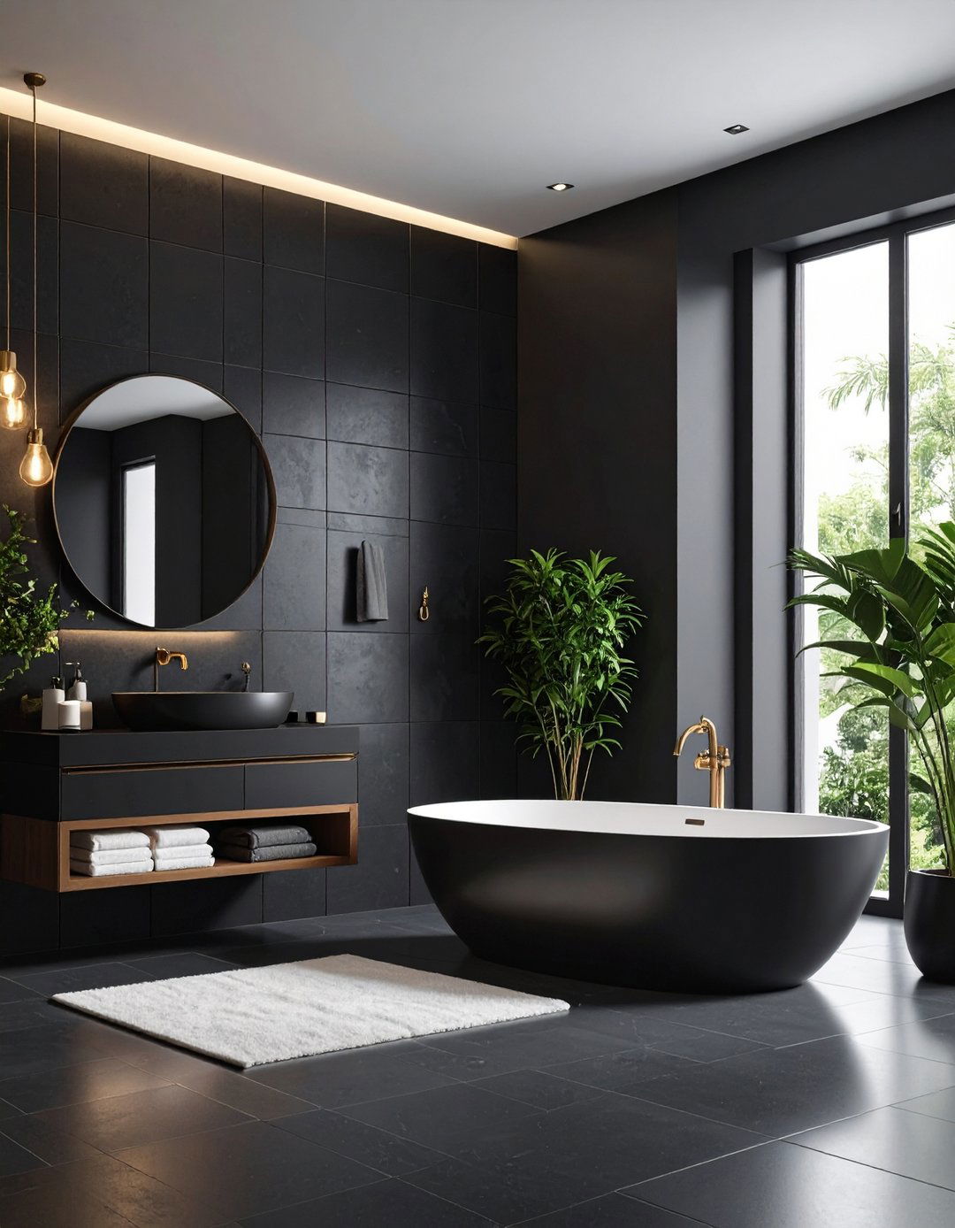 Black Tile Feature Wall Bathroom - 24 Black Bathroom Ideas