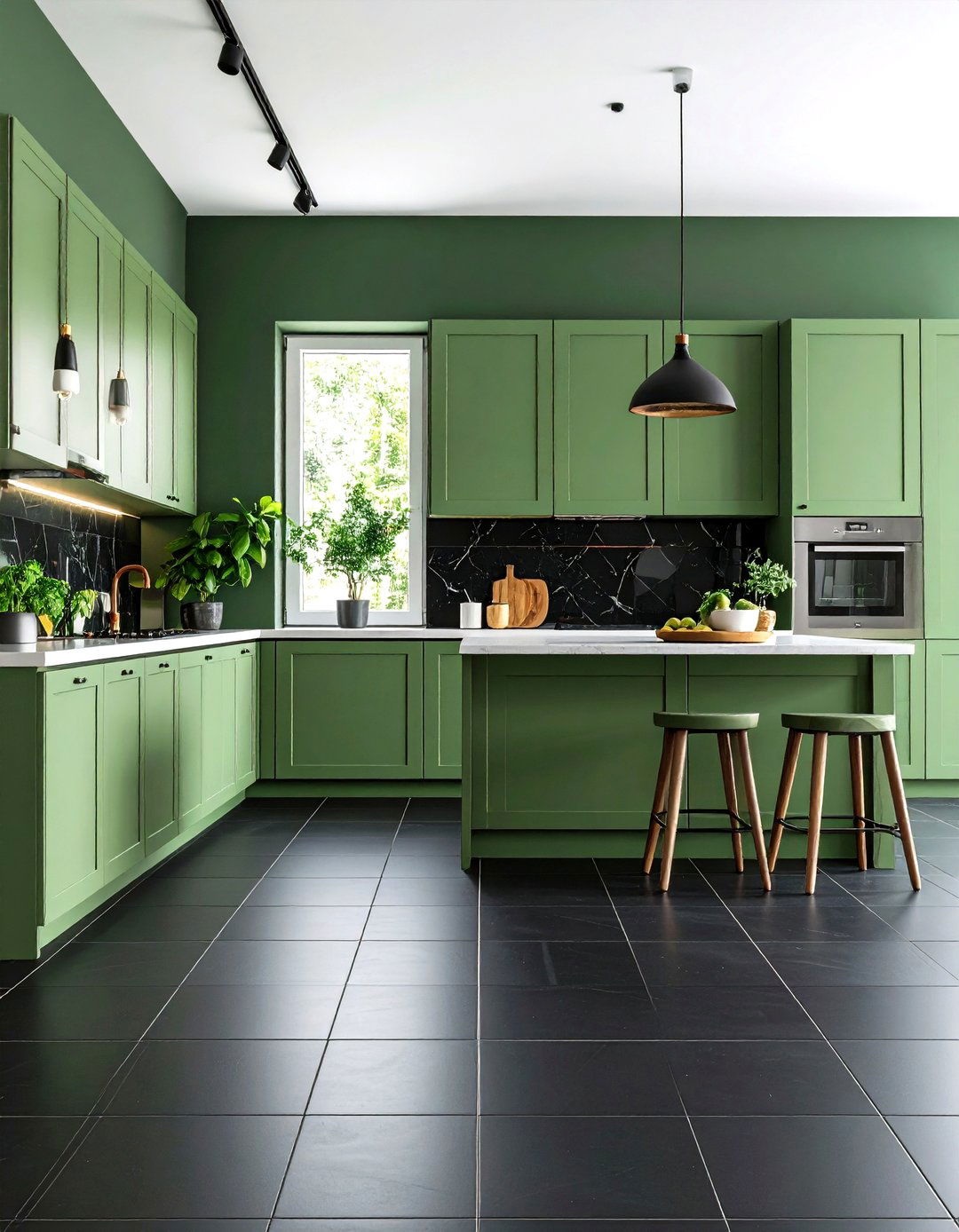 Black Tile Flooring with Sage Green Kitchen Elements - 24 Sage Green and Black Kitchen Ideas