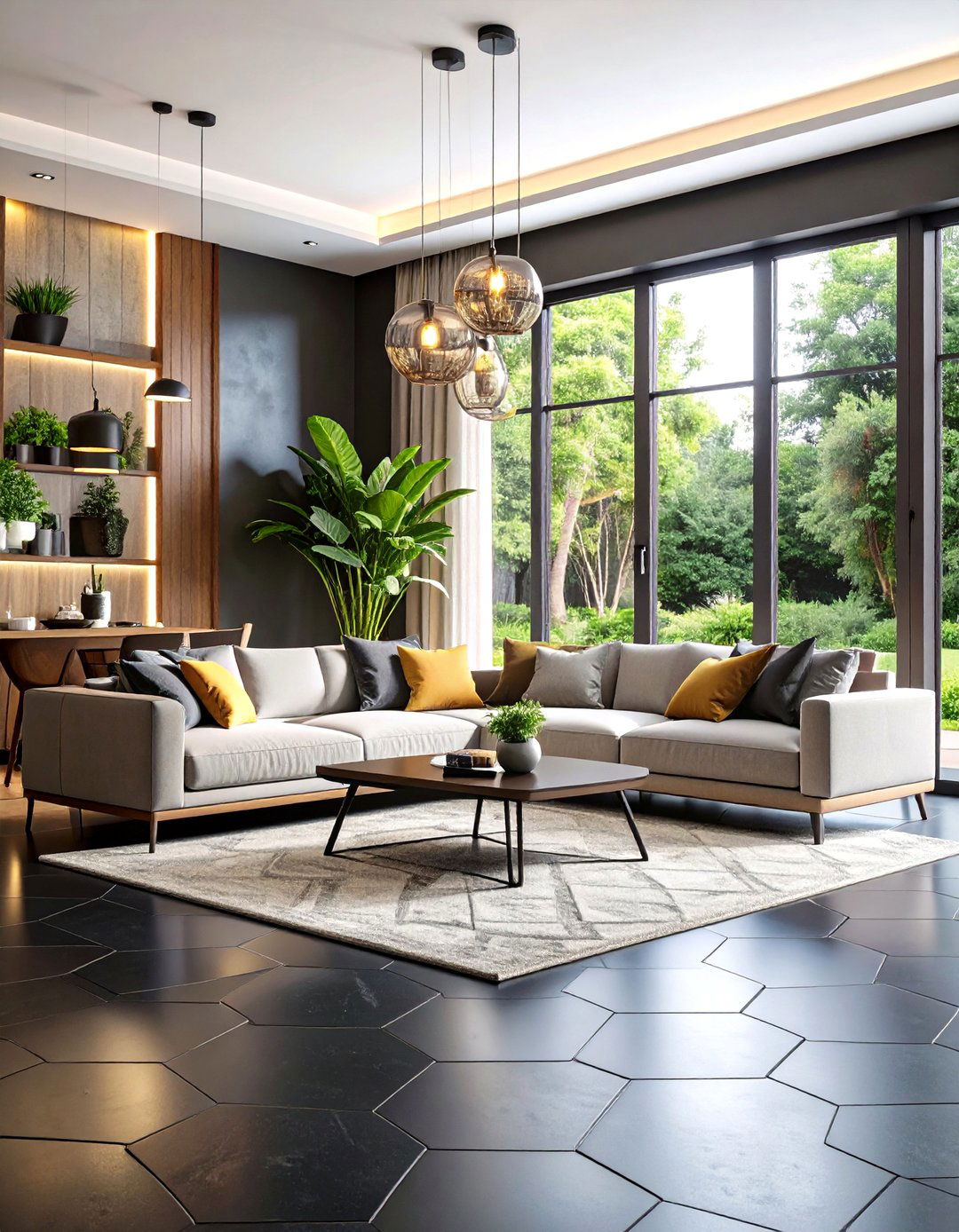 Black Tile Geometric Pattern Design - 24 Black Floor Living Room Ideas