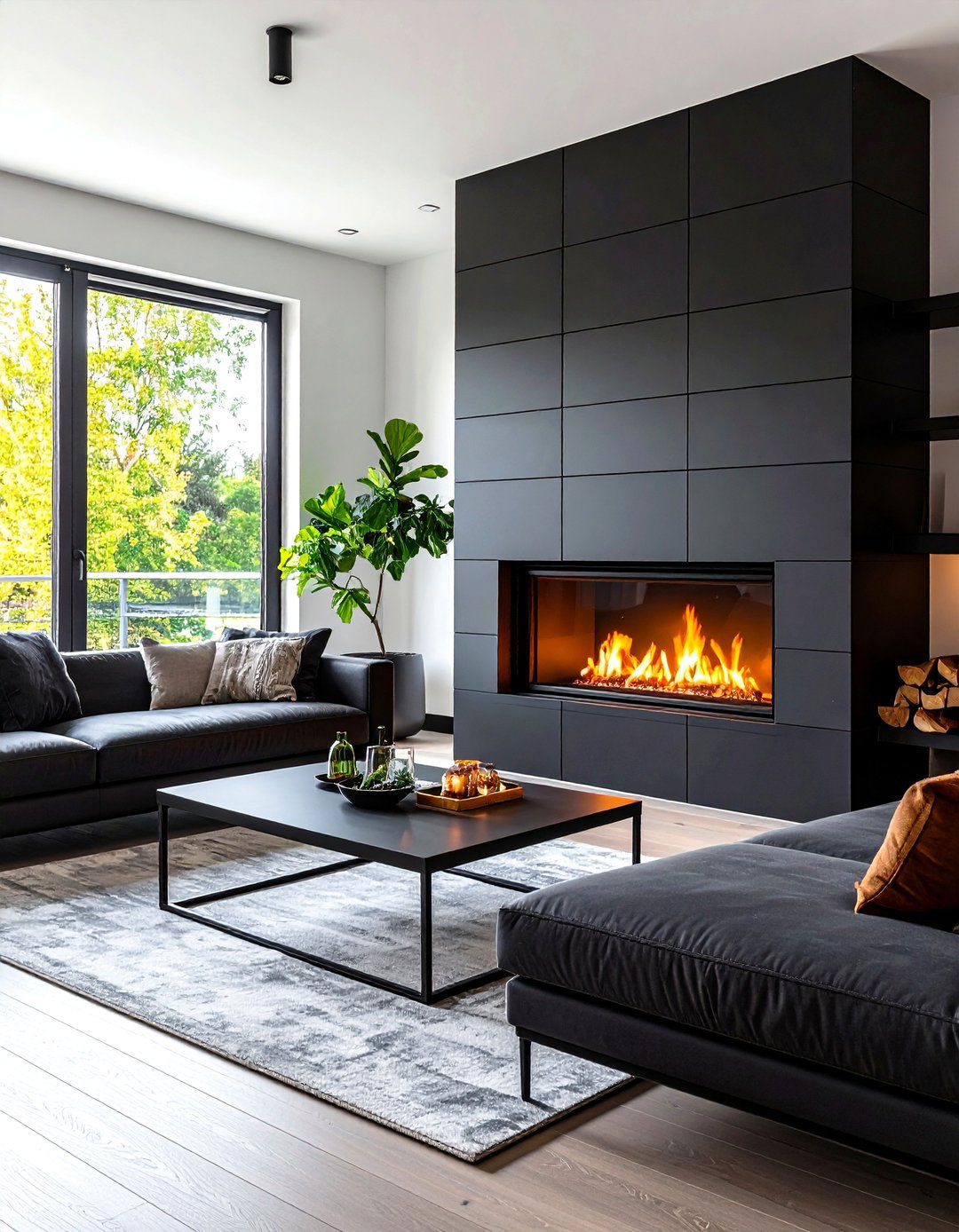 Black Tile with White Mortar Joints - 24 Black and White Fireplace Ideas