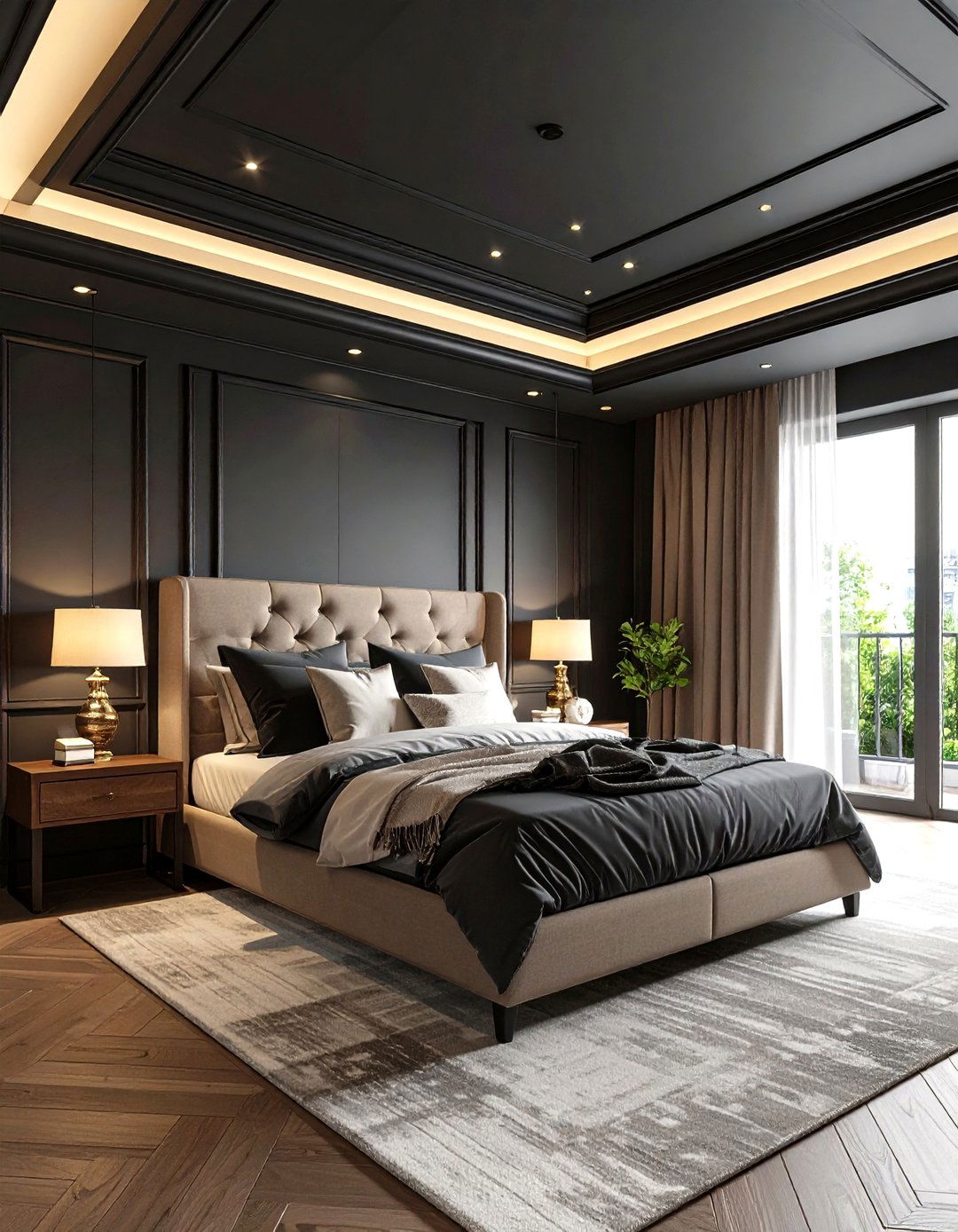 Black Tray Ceiling with Elegant Molding - 24 Black Ceiling Design Ideas