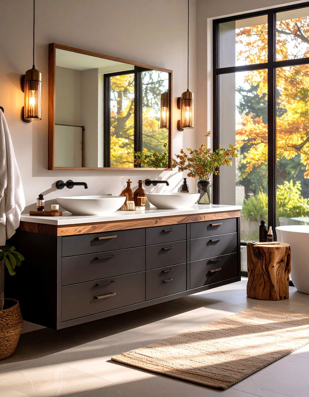 Black Vanity with Natural Wood Warmth - 24 Black Vanity Bathroom Ideas