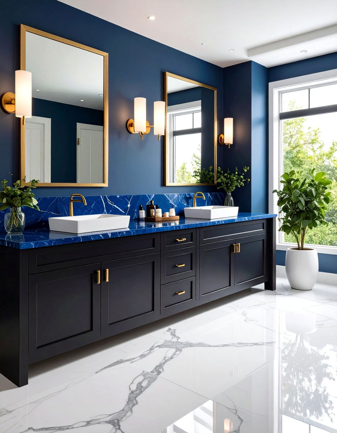 Black Vanity with Sapphire Blue Marble Countertops - 24 black and blue bathroom ideas