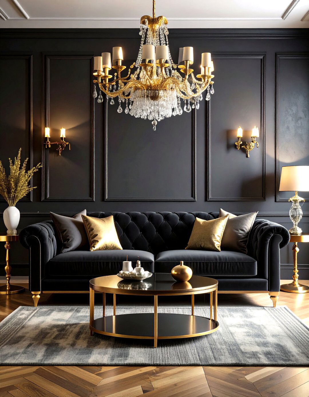 Black Velvet Sofa Glamorous Setup - 24 Black Couch Living Room Ideas