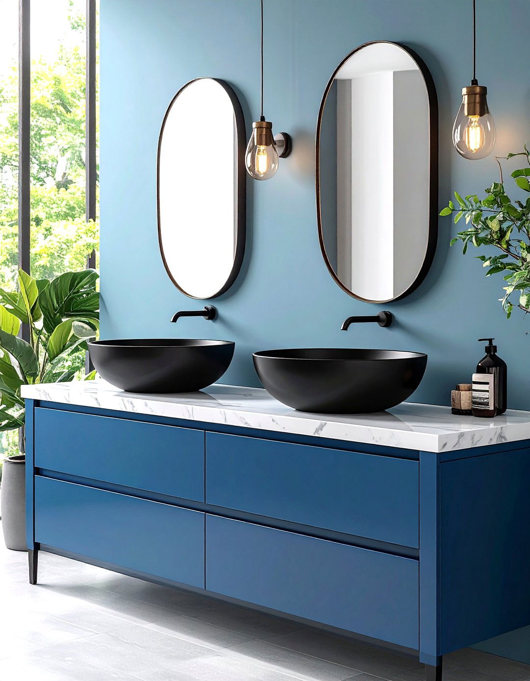 Black Vessel Sinks on Blue Vanity - 24 black and blue bathroom ideas
