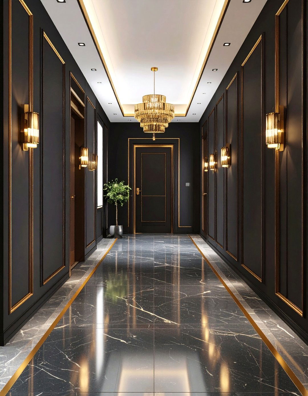 Black Wallpaper with Metallic Accents - 24 Black Hallway Ideas
