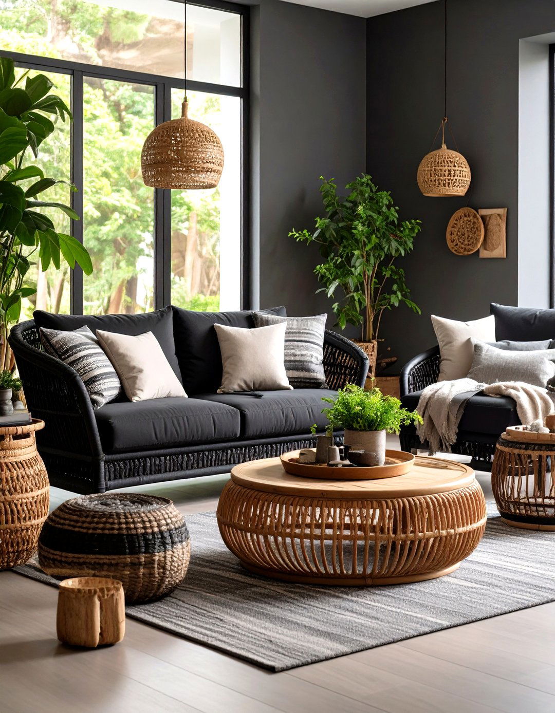 Black Wicker and Rattan Elements - 24 Black Boho Living Room Ideas