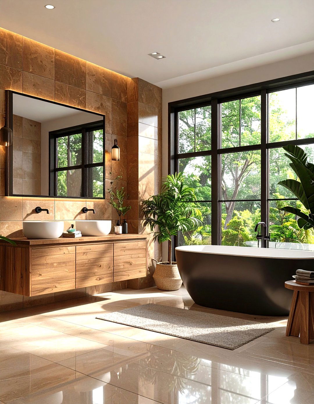 Black Window Trim with Brown Ceramic Tiles