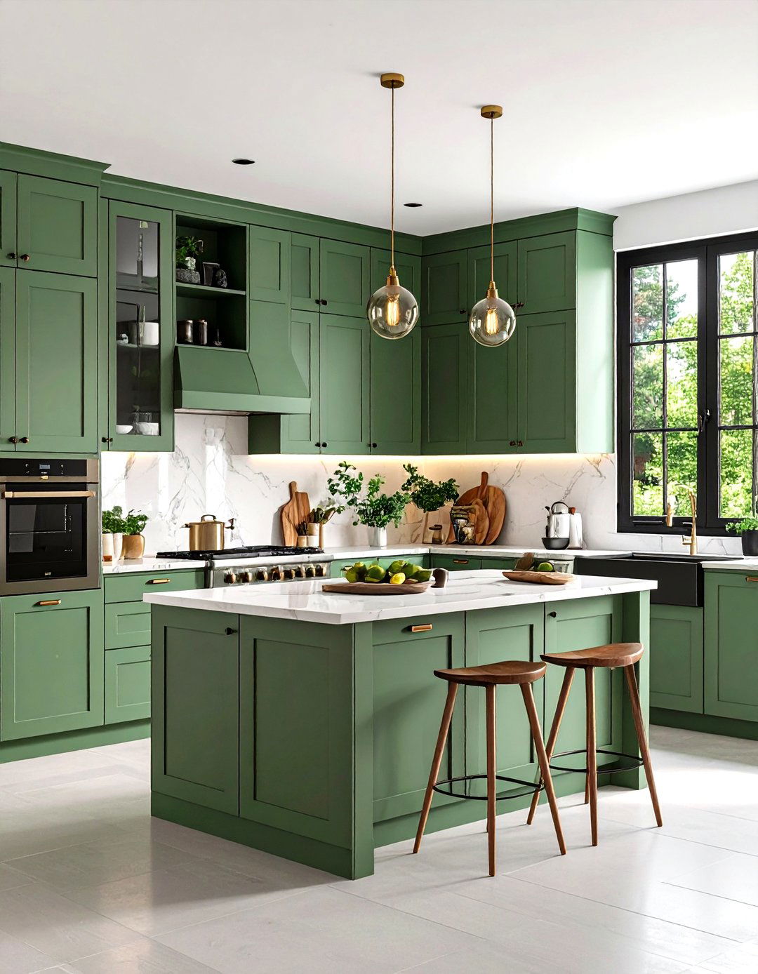 Black Window Trim with Sage Green Cabinet Interiors - 24 Sage Green and Black Kitchen Ideas