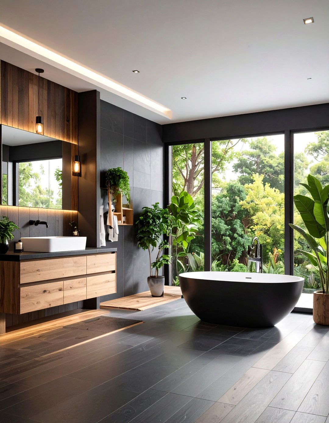 Black Wood Grain Tile with Natural Oak Trim - 24 Black and Wood Bathroom Ideas