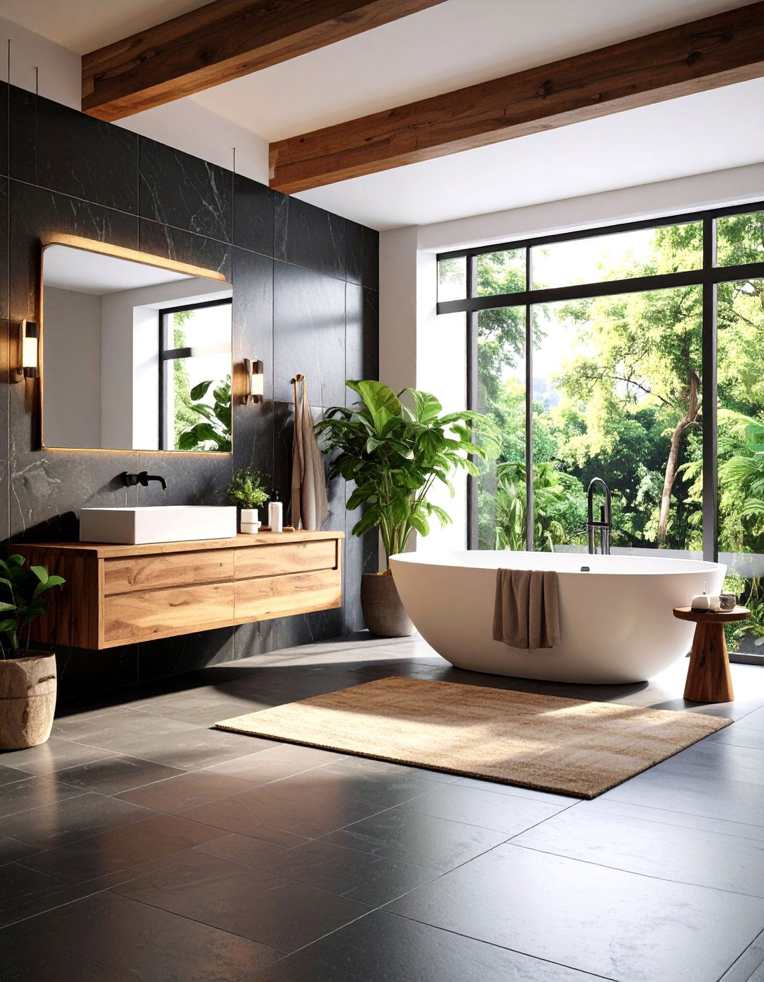 Black Zellige Tile with Teak Wood Accents - 24 Black and Wood Bathroom Ideas