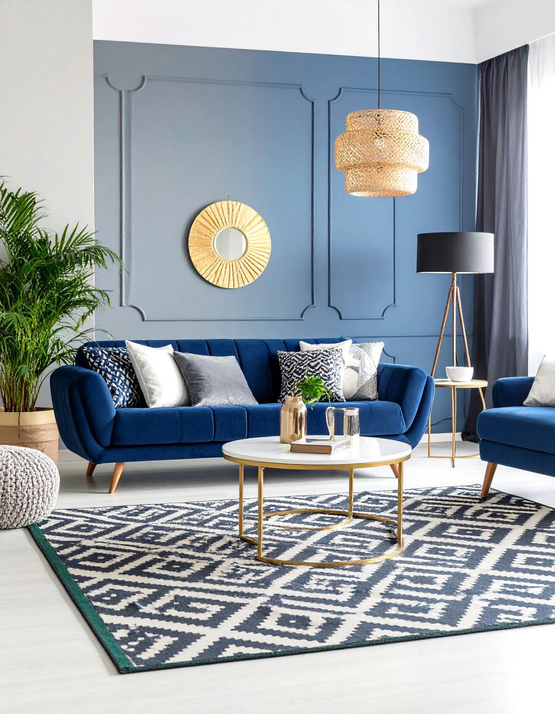 Black and Blue Geometric Pattern Showcase - 24 Black and Blue Living Room Ideas
