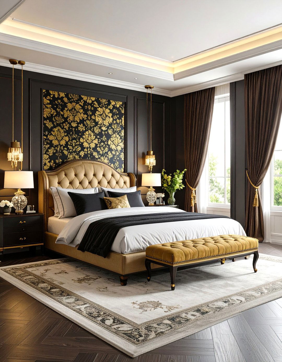 Black and Gold Damask Pattern Bedroom Design - 24 Black and Gold Bedroom Ideas