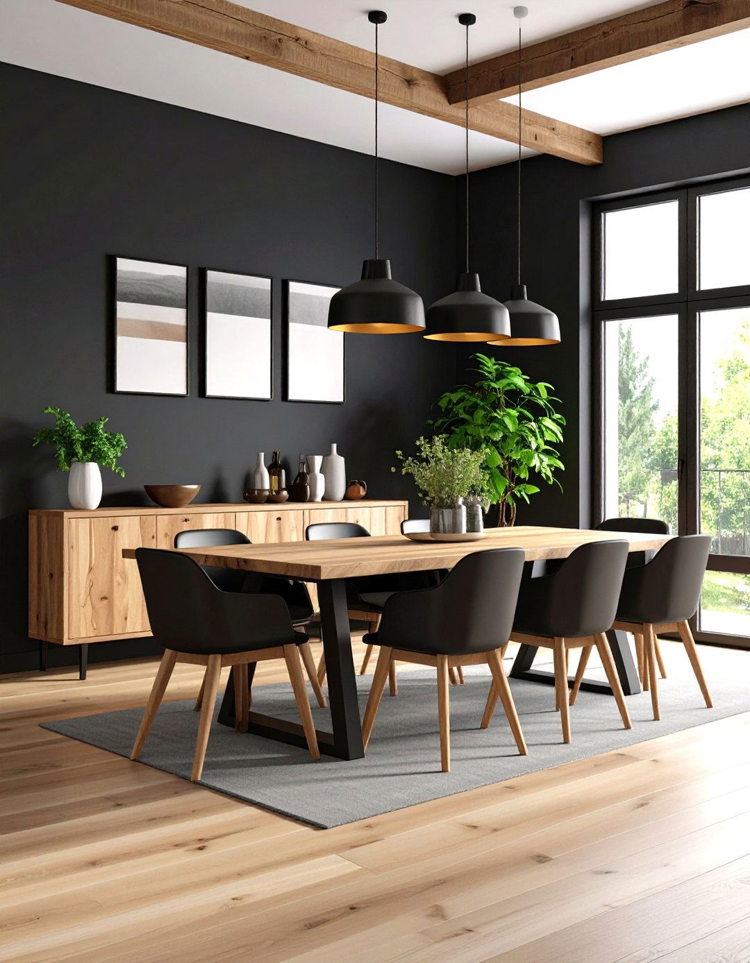 Black and Natural Wood Combination - 24 Black Accent Wall Dining Room Ideas