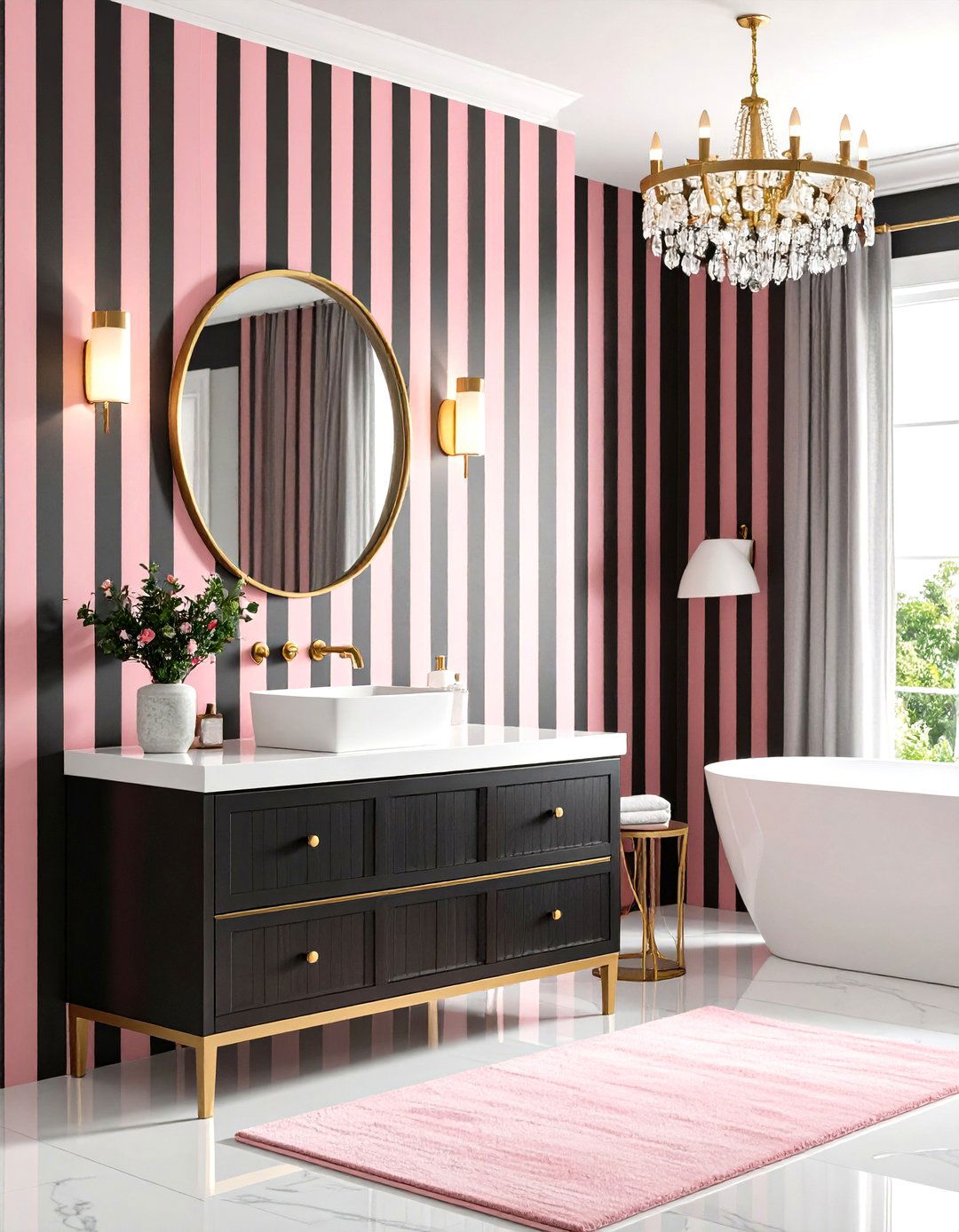 Black and Pink Striped Wallpaper with Gold Accents - 24 Pink and Black Bathroom Ideas