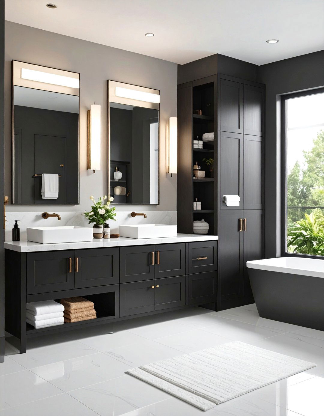 Black and White Bathroom with Custom Storage Solutions - 24 Black and White Bathroom Ideas