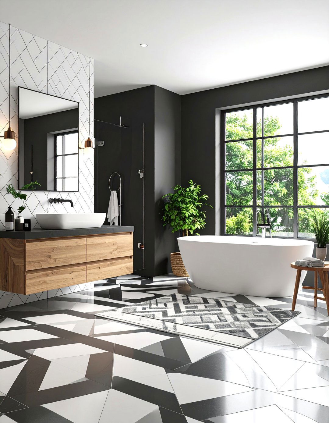 Black and White Bathroom with Geometric Patterns - 24 Bathroom Color Ideas