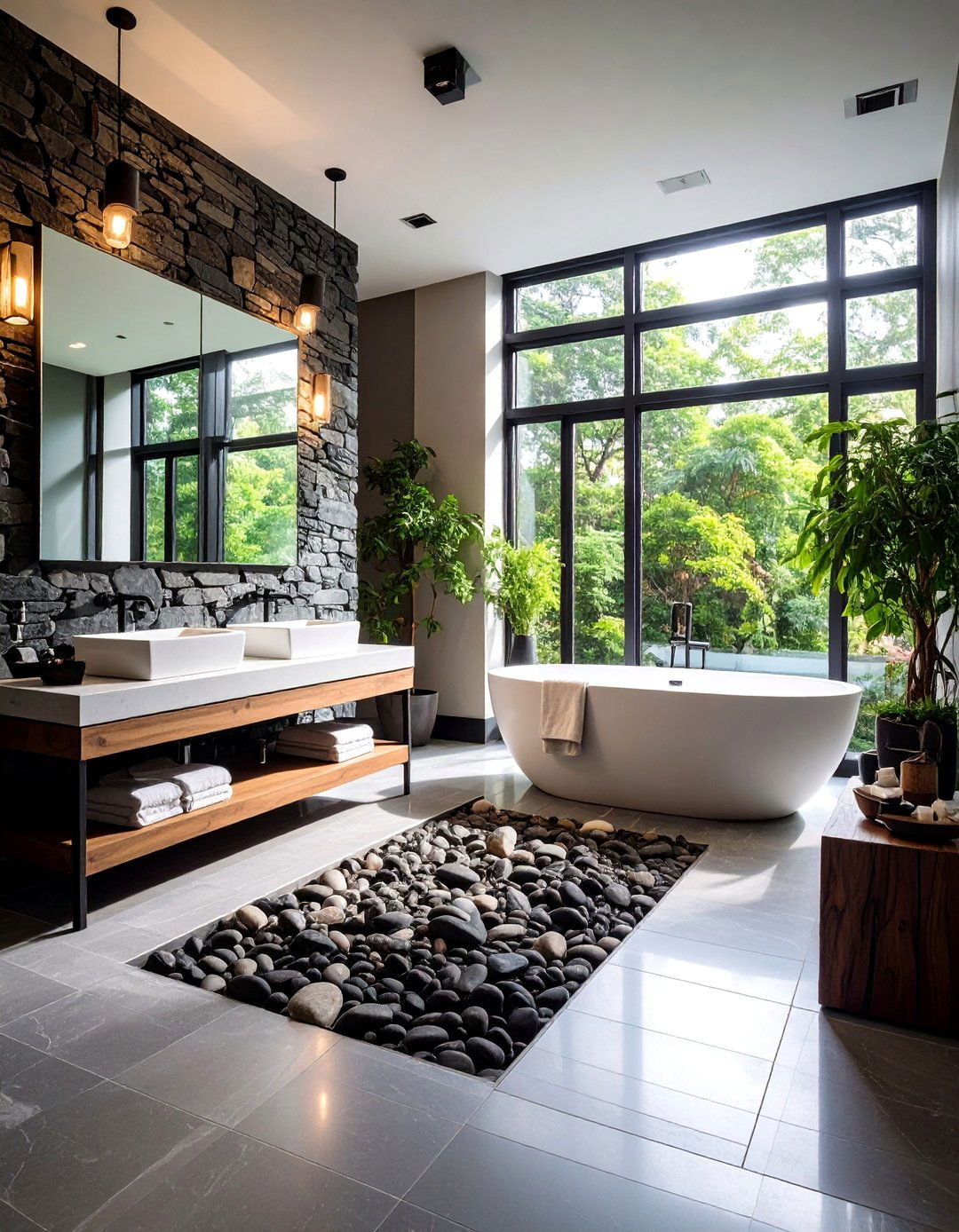Black and White Bathroom with Natural Stone Accents - 24 Black and White Bathroom Ideas