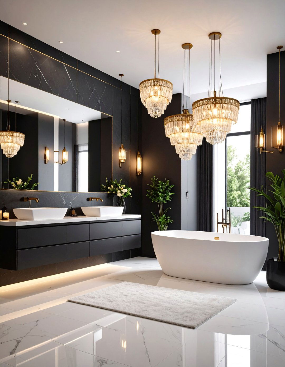 Black and White Bathroom with Statement Lighting - 24 Black and White Bathroom Ideas