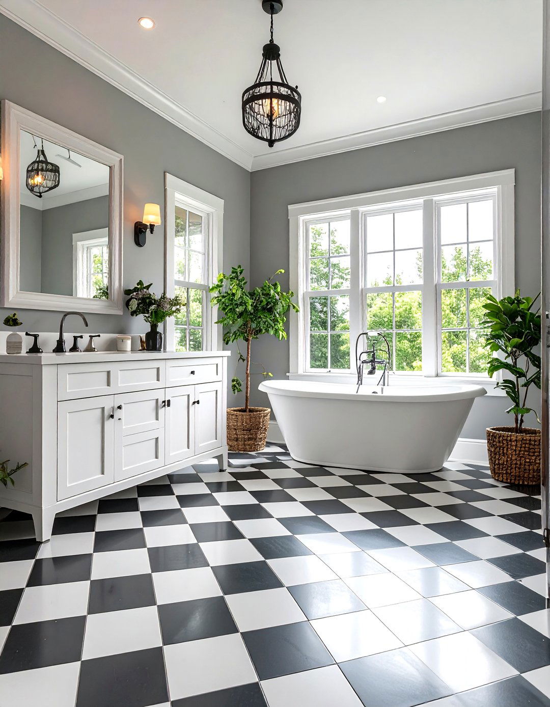 Black and White Checkered Floors with Grey Walls - 24 Grey and White Bathroom Ideas