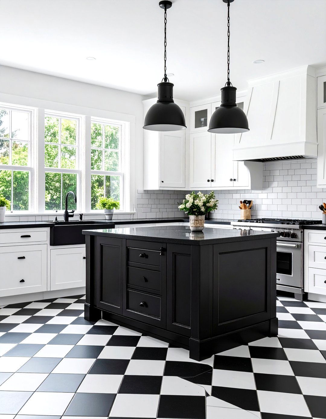Black and White Farmhouse Kitchen with Checkerboard Floors - 24 Farmhouse Kitchen Ideas