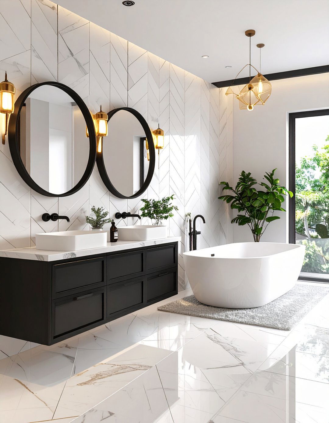 Black and White Geometric Pattern Bathroom - 24 Black Bathroom Ideas