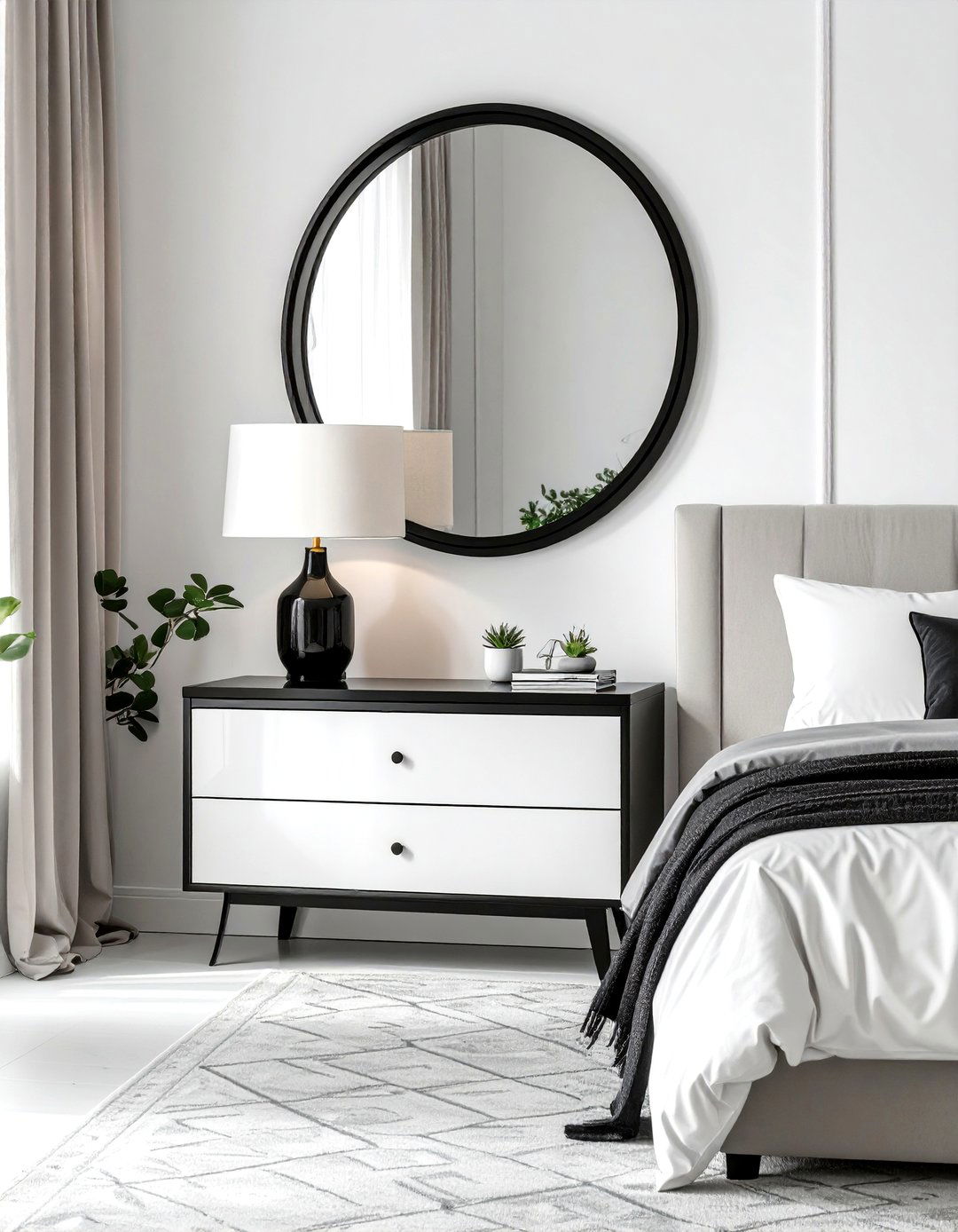 Black and White Monochromatic Sophistication - 24 Mirror Behind Nightstand Design Ideas