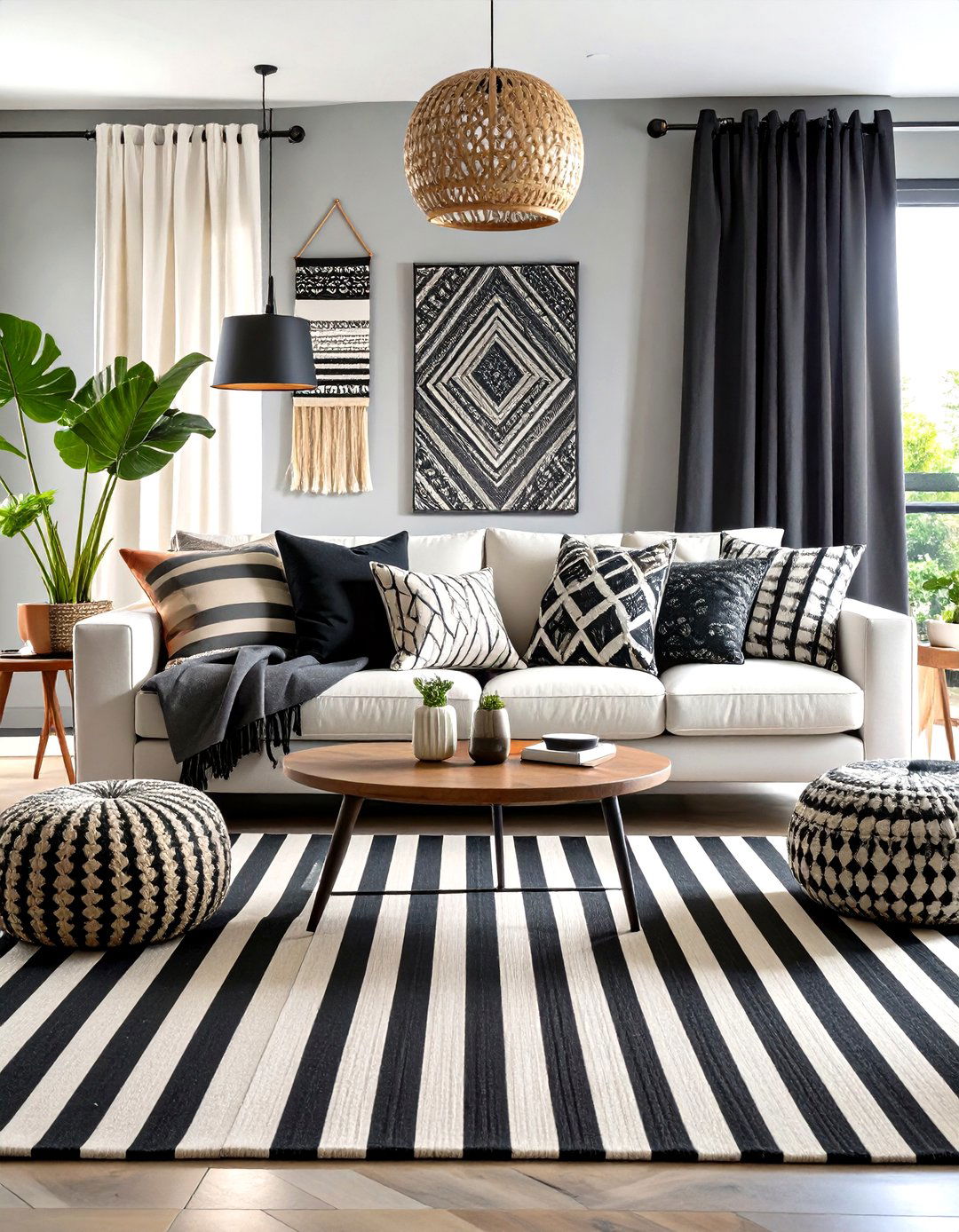 Black and White Pattern Mixing - 24 Black Boho Living Room Ideas