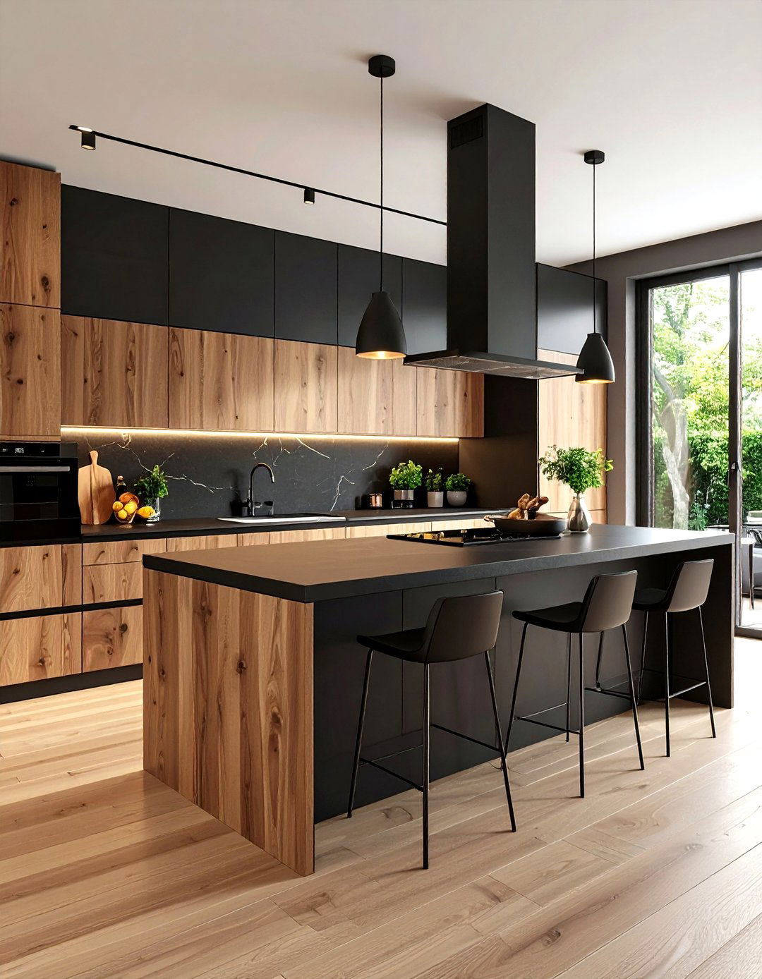 Black and Wood Mixed Material Kitchen - 24 Dark Kitchen Ideas